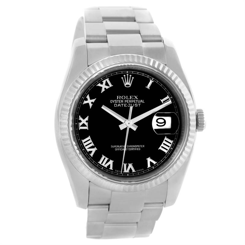 The Rolex Datejust 116234 Men
s Stainless Steel Black Dial 116234 Men
s Stainless Steel Black Dial watch is shown from the front, highlighting its black dial, Roman numerals, and silver bracelet.