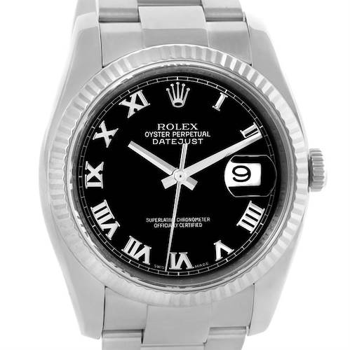 Photo of Rolex Datejust Mens Steel 18K White Gold Black Roman Dial Watch 116234