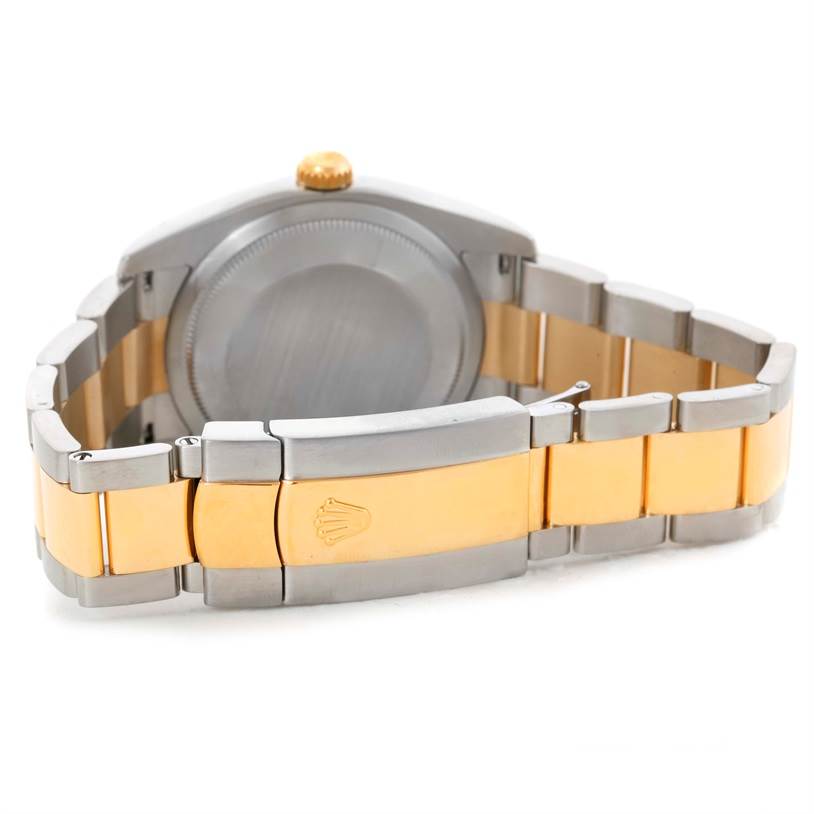 This image shows the back case and the two-tone bracelet of the Rolex Datejust 116233 Men's Stainless Steel Blue Dial 116233 Men's Stainless Steel Blue Dial watch from a rear angle.