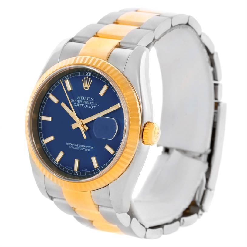 This image shows a front and angled view of the Rolex Datejust 116233 Men's Stainless Steel Blue Dial 116233 Men's Stainless Steel Blue Dial watch displaying its two-tone bracelet, blue dial, and date function.