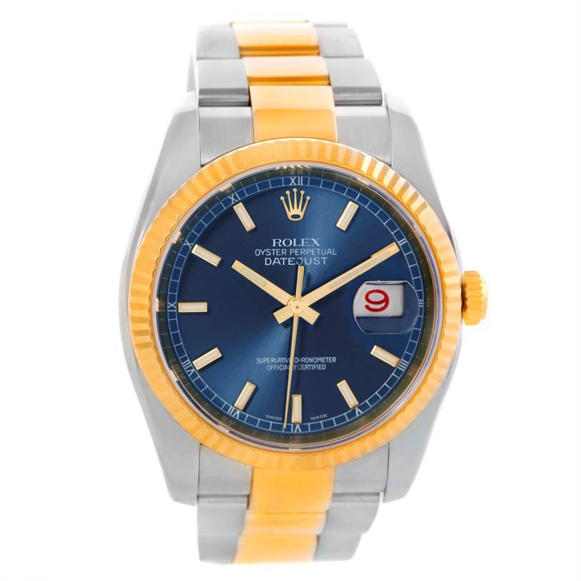 The image shows a front view of a Rolex Datejust 116233 Men's Stainless Steel Blue Dial 116233 Men's Stainless Steel Blue Dial watch, highlighting its blue dial, gold bezel, and two-tone metal bracelet.