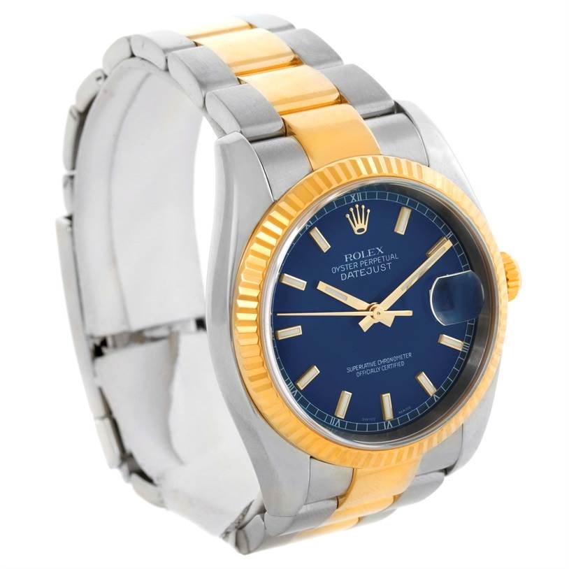This image shows a Rolex Datejust 116233 Men's Stainless Steel Blue Dial 116233 Men's Stainless Steel Blue Dial watch at a front-left angle, displaying its gold and silver band, blue dial, and fluted bezel.
