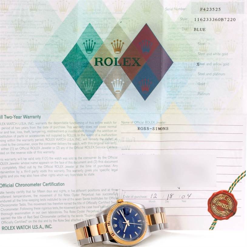 The image shows a Rolex Datejust 116233 Men's Stainless Steel Blue Dial 116233 Men's Stainless Steel Blue Dial watch angled to display its face and band, alongside its warranty certificate.
