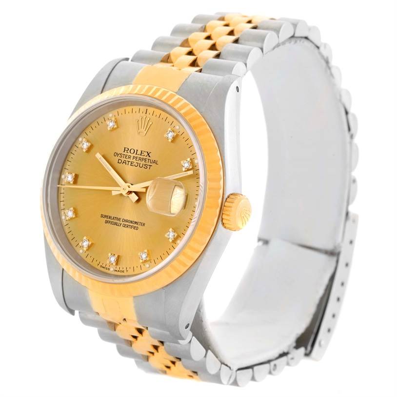 The image shows a gold and silver Rolex Datejust 16233 Men's Steel and Gold (two tone) Champagne Dial 16233 Men's Steel and Gold (two tone) Champagne Dial watch at a three-quarter angle, highlighting its dial, bezel, and bracelet.