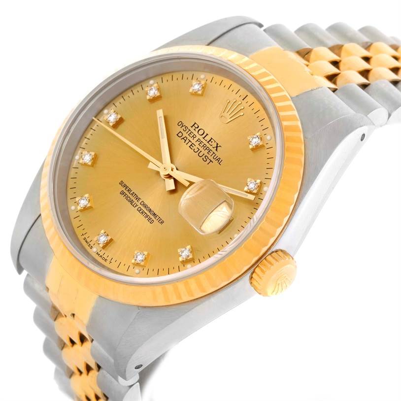 This is a Rolex Datejust 16233 Men's Steel and Gold (two tone) Champagne Dial 16233 Men's Steel and Gold (two tone) Champagne Dial model watch viewed from an oblique angle showing its dial, bezel, crown, and part of the bracelet.
