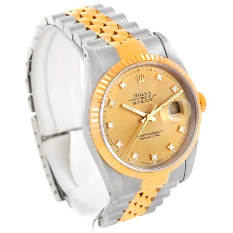 This Rolex Datejust 16233 Men's Steel and Gold (two tone) Champagne Dial 16233 Men's Steel and Gold (two tone) Champagne Dial watch is shown at a three-quarter angle, highlighting its face, bezel, and bracelet.