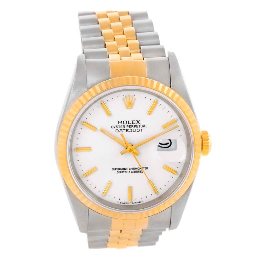 The Rolex Datejust 16233 Men
s Steel and Gold (two tone) White Dial 16233 Men
s Steel and Gold (two tone) White Dial watch is shown from a front angle, highlighting its dial, bezel, and two-tone bracelet.