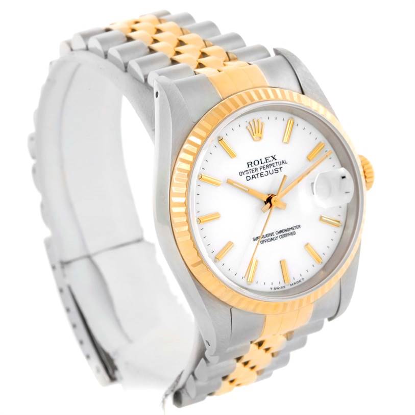A Rolex Datejust 16233 Men
s Steel and Gold (two tone) White Dial 16233 Men
s Steel and Gold (two tone) White Dial watch is shown at a slightly angled view, highlighting its two-tone bracelet and white dial with gold accents.