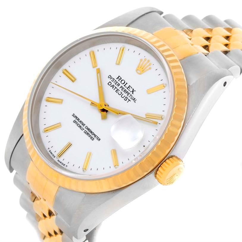 The image shows a close-up, angled view of the Rolex Datejust 16233 Men
s Steel and Gold (two tone) White Dial 16233 Men
s Steel and Gold (two tone) White Dial watch, displaying the dial, bezel, crown, and part of the bracelet.