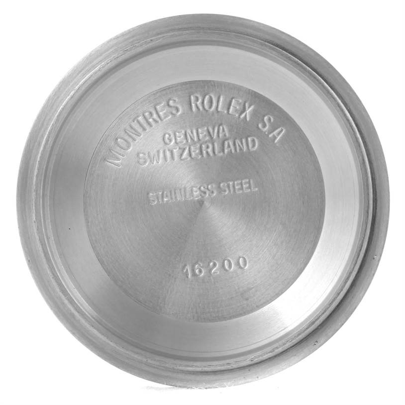 The image shows the interior view of a stainless steel case back for a Rolex Datejust 16233 Men
s Steel and Gold (two tone) White Dial 16233 Men
s Steel and Gold (two tone) White Dial model watch, displaying model number 16200.