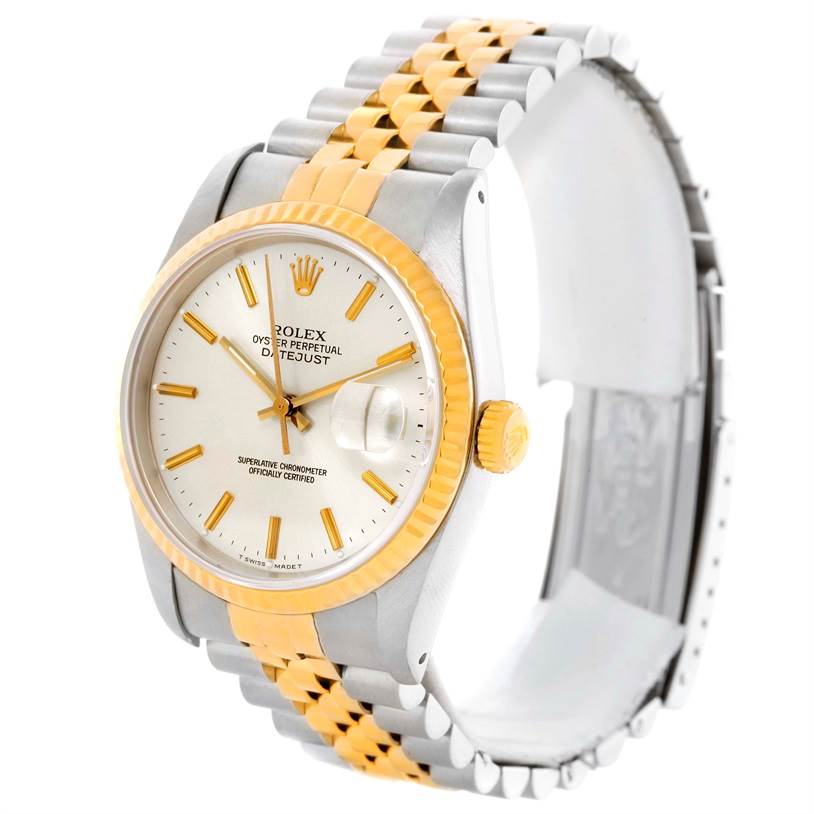 This image shows a Rolex Datejust 16233 Men
s Steel and Gold (two tone) Silver Dial 16233 Men
s Steel and Gold (two tone) Silver Dial model watch from a three-quarters angle, highlighting the two-tone dial, bezel, and bracelet.