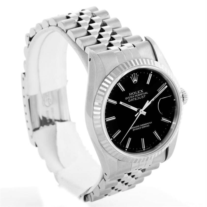 The image shows a Rolex Datejust 16234 Men's Stainless Steel Silver Dial 16234 Men's Stainless Steel Silver Dial watch angled to display the face, bezel, and part of the bracelet.