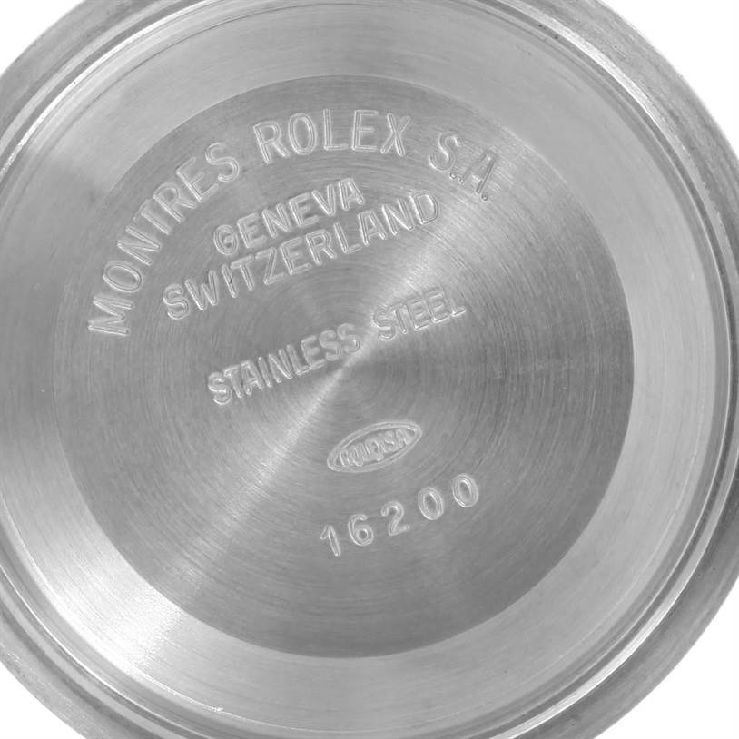 The image shows the inner case back of a Rolex Datejust 16234 Men's Stainless Steel Silver Dial 16234 Men's Stainless Steel Silver Dial watch, engraved with model and manufacturing details.