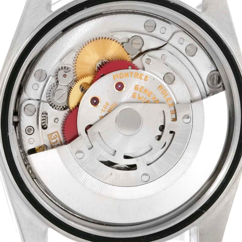 The image shows the internal movement components of a Rolex Datejust 16234 Men's Stainless Steel Silver Dial 16234 Men's Stainless Steel Silver Dial watch from the back angle.