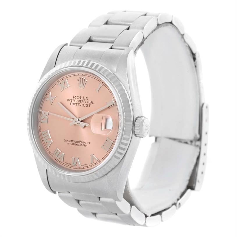 The image shows a Rolex Datejust 16234 Men
s Stainless Steel Pink Dial 16234 Men
s Stainless Steel Pink Dial watch from a front angle, displaying its face, bezel, crown, and bracelet.