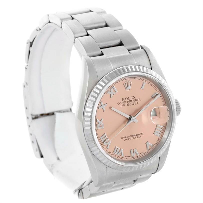This image shows a Rolex Datejust 16234 Men
s Stainless Steel Pink Dial 16234 Men
s Stainless Steel Pink Dial watch at a three-quarter angle highlighting its face, bezel, and part of its bracelet.