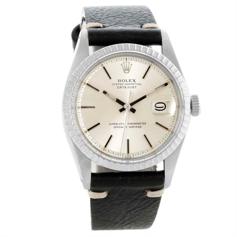 The Rolex Datejust 1603 Men's Stainless Steel Silver Dial 1603 Men's Stainless Steel Silver Dial watch is shown from the front, displaying the dial, date window, bezel, and leather strap.
