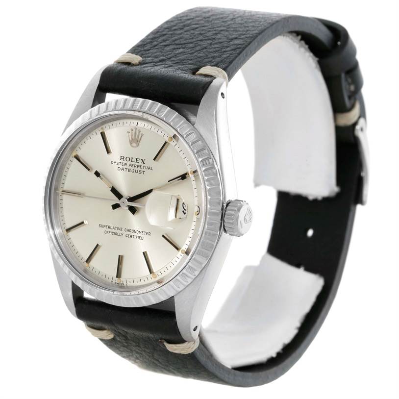 The image shows a Rolex Datejust 1603 Men's Stainless Steel Silver Dial 1603 Men's Stainless Steel Silver Dial watch at an angled view displaying its face, bezel, crown, and black leather strap.