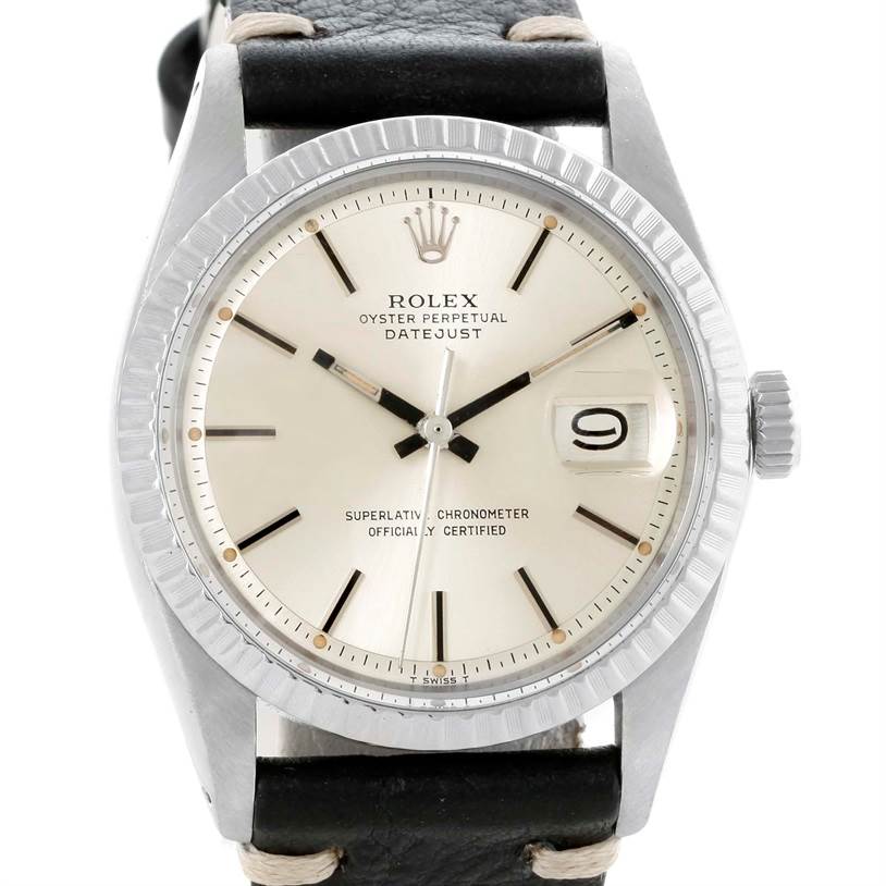 This Rolex Datejust 1603 Men's Stainless Steel Silver Dial 1603 Men's Stainless Steel Silver Dial watch is shown from a front angle, highlighting its dial, bezel, crown, and a portion of the strap.