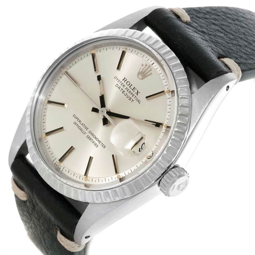 This image shows a close-up angle of a Rolex Datejust 1603 Men's Stainless Steel Silver Dial 1603 Men's Stainless Steel Silver Dial watch, highlighting the face, bezel, crown, and leather strap.