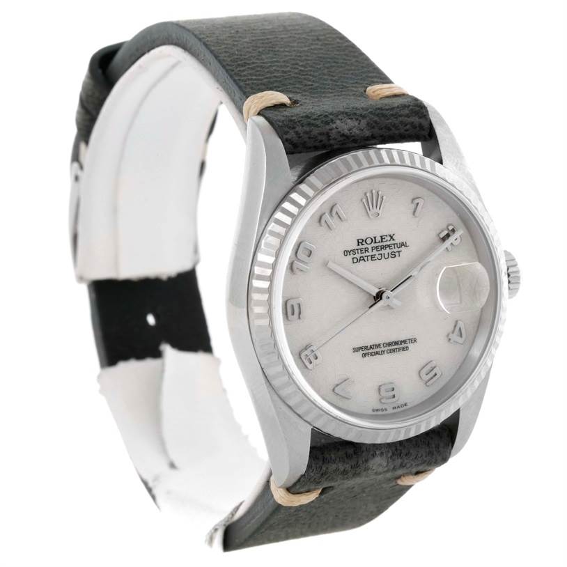 The image shows a Rolex Datejust 16234 Men's Stainless Steel Silver Dial 16234 Men's Stainless Steel Silver Dial watch, with a front angle view highlighting the dial, bezel, and part of the leather strap.