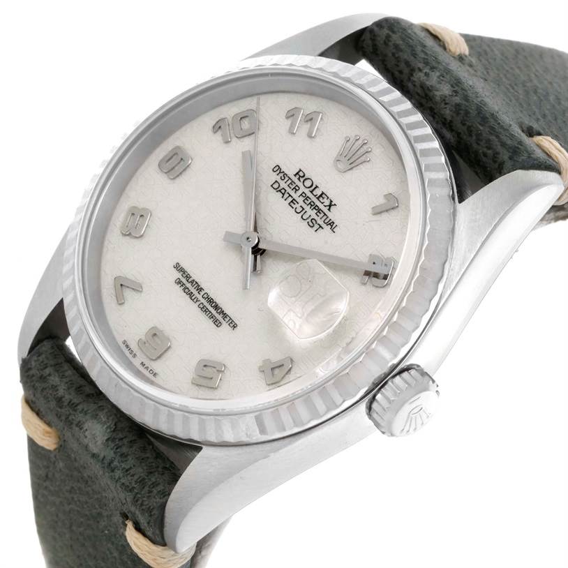 This Rolex Datejust 16234 Men's Stainless Steel Silver Dial 16234 Men's Stainless Steel Silver Dial watch is shown from a three-quarter angle, highlighting the face, bezel, crown, and strap.