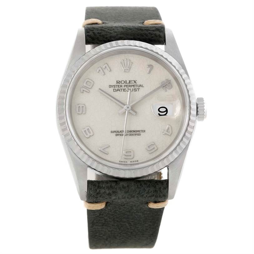 This image shows a front view of a Rolex Datejust 16234 Men's Stainless Steel Silver Dial 16234 Men's Stainless Steel Silver Dial watch, showcasing the dial, bezel, and leather strap.