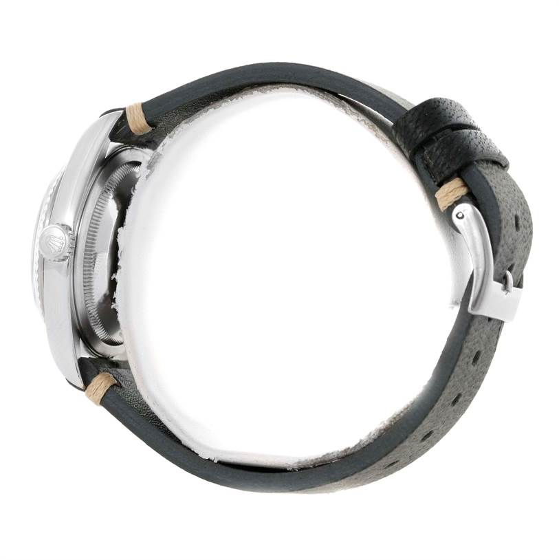 The image shows a side view of the Rolex Datejust 16234 Men's Stainless Steel Silver Dial 16234 Men's Stainless Steel Silver Dial model, focusing on the case, crown, and leather strap.