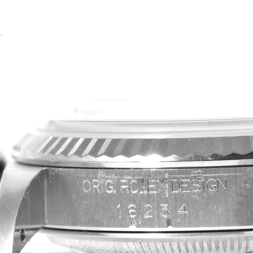 The image shows a close-up side angle of a Rolex Datejust 16234 Men's Stainless Steel Silver Dial 16234 Men's Stainless Steel Silver Dial watch, focusing on the model number 16234 and the "ORG. ROLEX DESIGN" engraving.