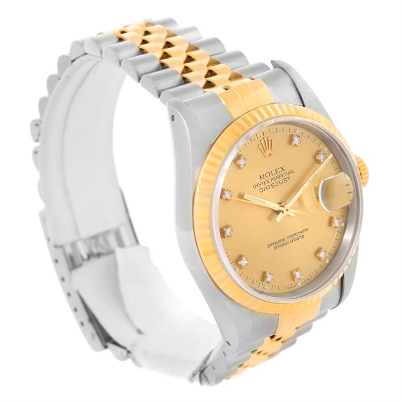 This Rolex Datejust 16233 Men's Steel and Gold (two tone) Champagne Dial 16233 Men's Steel and Gold (two tone) Champagne Dial watch is shown at a slight angle, displaying the face, crown, bezel, and two-tone bracelet.