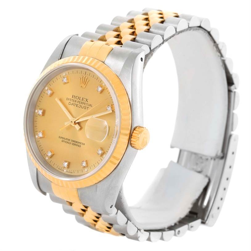 The Rolex Datejust 16233 Men's Steel and Gold (two tone) Champagne Dial 16233 Men's Steel and Gold (two tone) Champagne Dial watch is shown at an oblique angle, highlighting the dial, bezel, crown, and two-tone bracelet.