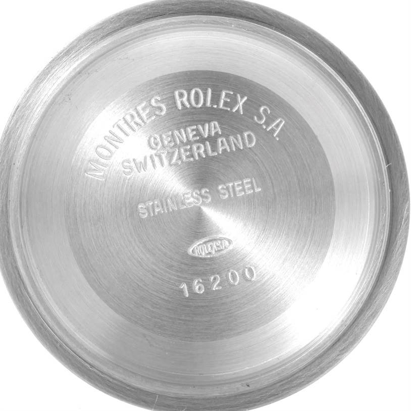 This image shows the stainless steel case back of a Rolex Datejust 16233 Men's Steel and Gold (two tone) Champagne Dial 16233 Men's Steel and Gold (two tone) Champagne Dial watch.