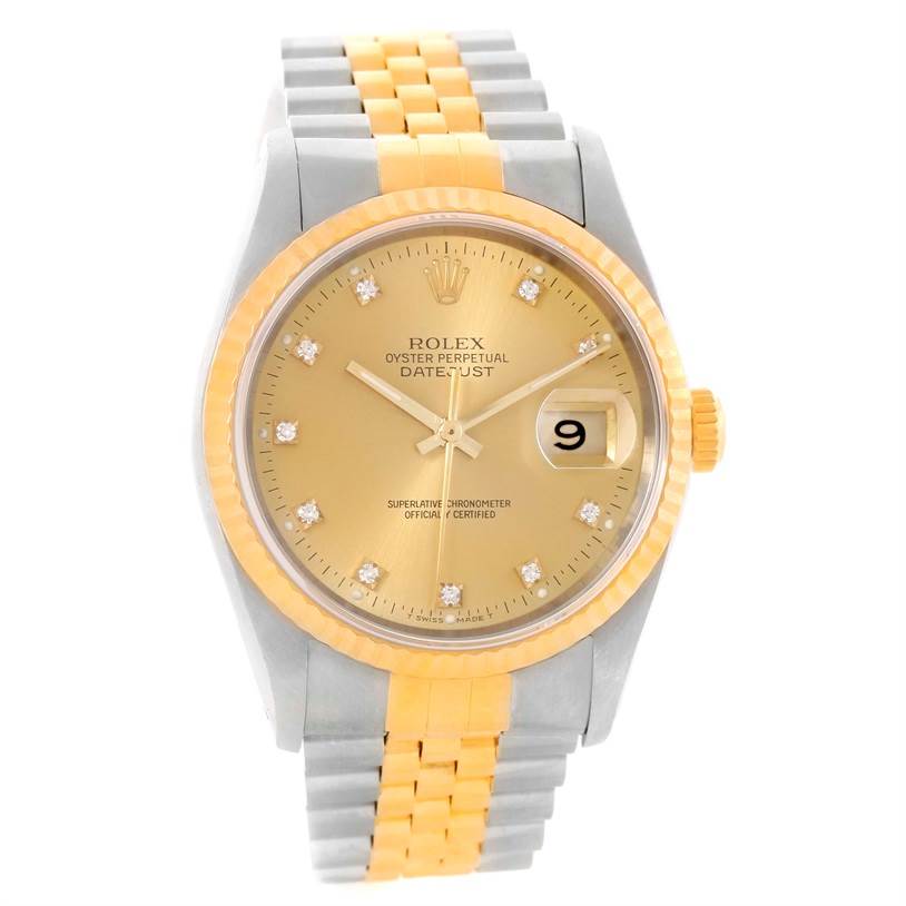 This image shows a front view of a Rolex Datejust 16233 Men's Steel and Gold (two tone) Champagne Dial 16233 Men's Steel and Gold (two tone) Champagne Dial watch, highlighting the dial, bezel, and part of the band.