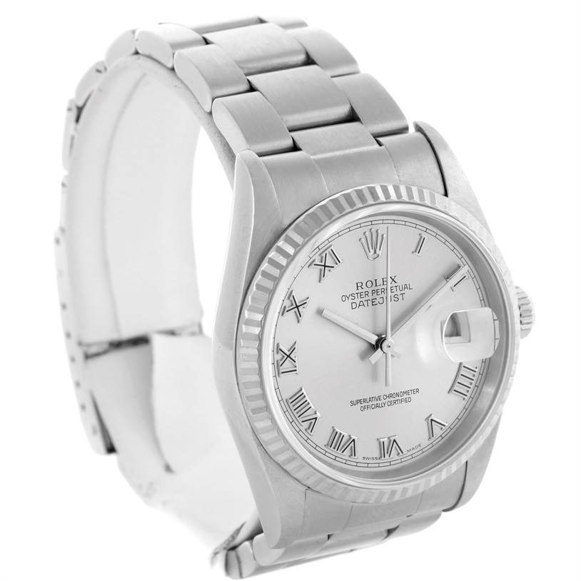 The image shows a Rolex Datejust 16234 Men's Stainless Steel Silver Dial 16234 Men's Stainless Steel Silver Dial watch angled to display its face, bracelet, and partially the side profile.