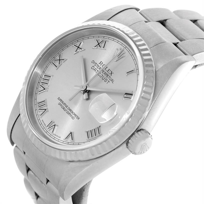 The Rolex Datejust 16234 Men's Stainless Steel Silver Dial 16234 Men's Stainless Steel Silver Dial watch is shown from an angled side perspective, highlighting its face, crown, and part of the bracelet.
