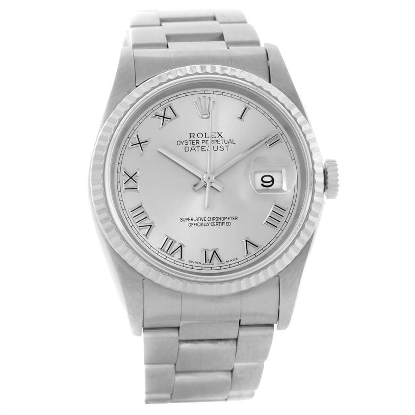 The image shows a front view of the Rolex Datejust 16234 Men's Stainless Steel Silver Dial 16234 Men's Stainless Steel Silver Dial watch, highlighting its dial, bezel, crown, and bracelet.