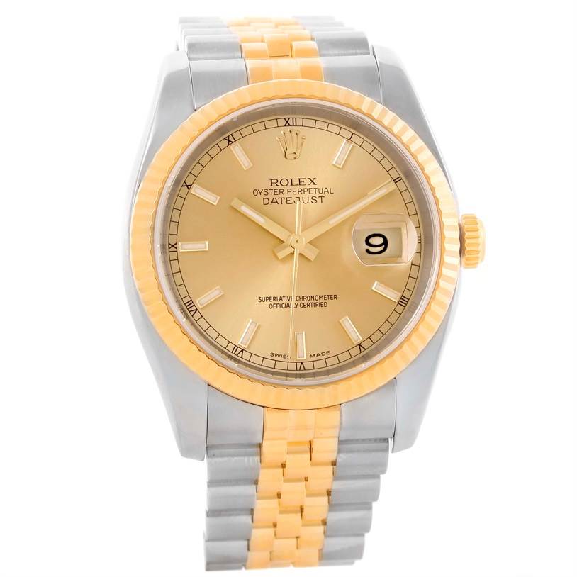 The Rolex Datejust 116233 Men
s Stainless Steel Champagne Dial 116233 Men
s Stainless Steel Champagne Dial watch is shown from a front angle, highlighting its gold dial, fluted bezel, two-tone bracelet, and date window.