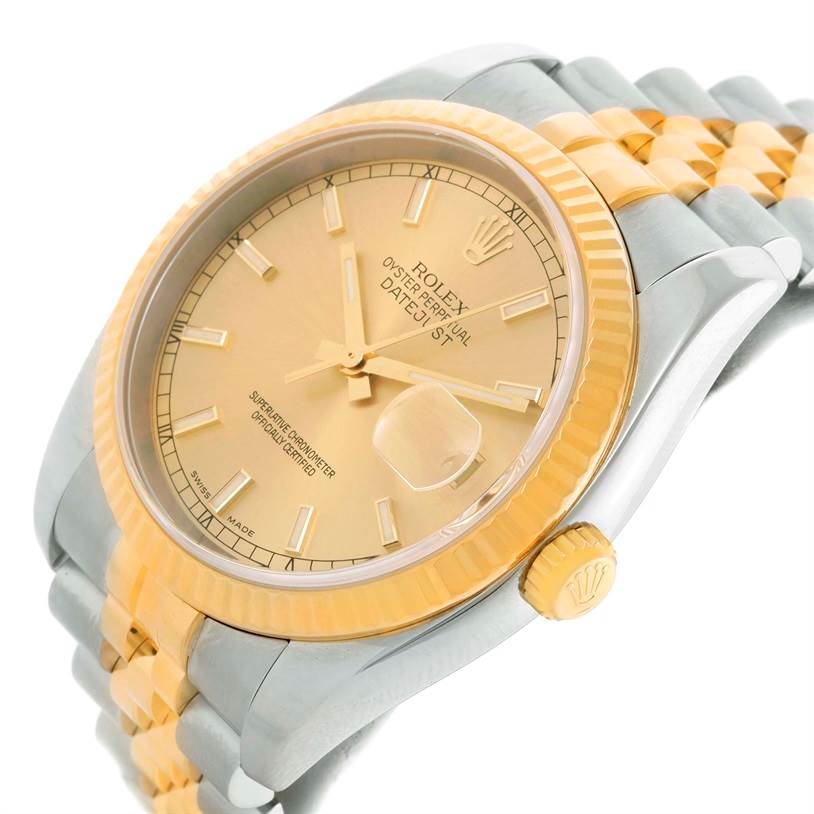 This image shows a close-up, side angle view of a Rolex Datejust 116233 Men
s Stainless Steel Champagne Dial 116233 Men
s Stainless Steel Champagne Dial watch, highlighting the dial, bezel, crown, and bracelet.