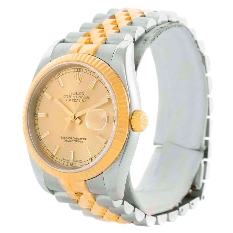 The Rolex Datejust 116233 Men
s Stainless Steel Champagne Dial 116233 Men
s Stainless Steel Champagne Dial watch is angled to show the face, side crown, and part of the gold and silver Jubilee bracelet.