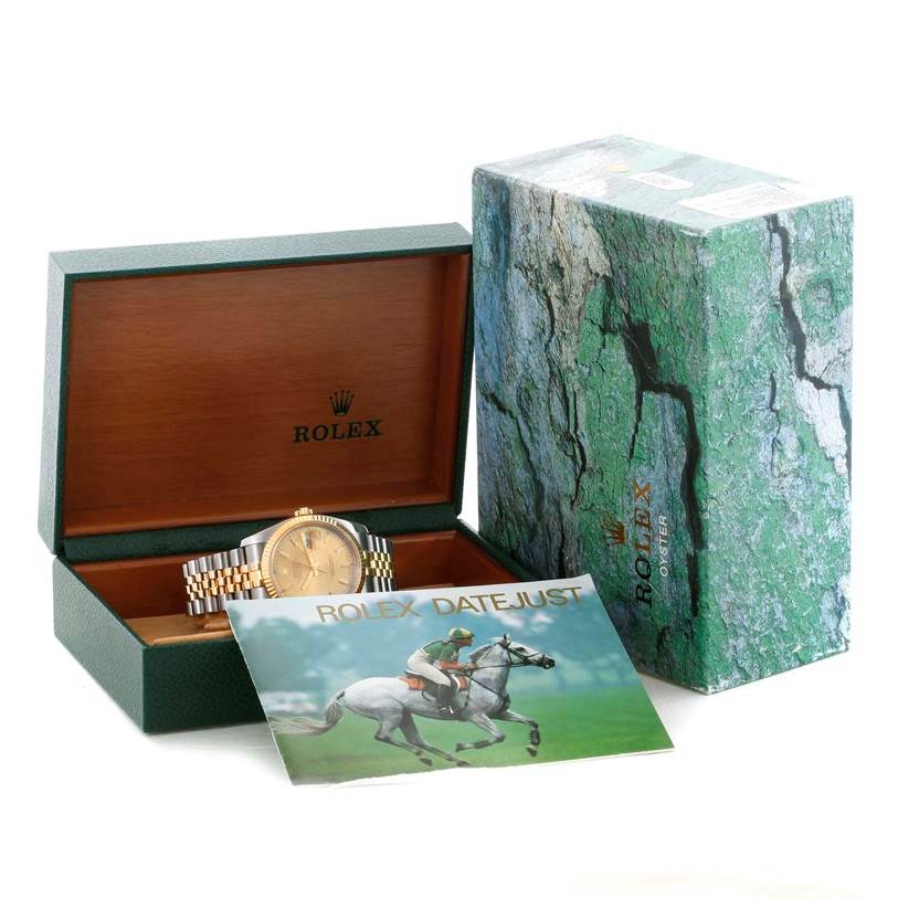 The Rolex Datejust 116233 Men
s Stainless Steel Champagne Dial 116233 Men
s Stainless Steel Champagne Dial watch is displayed inside its open box, with the outer box and promotional booklet visible.