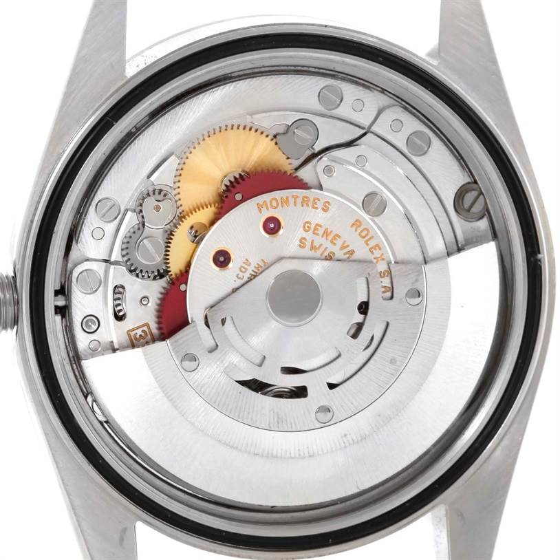 This image shows the inner mechanism and movement of the Rolex Datejust 16234 Men's Stainless Steel Blue Dial 16234 Men's Stainless Steel Blue Dial watch from a back angle.