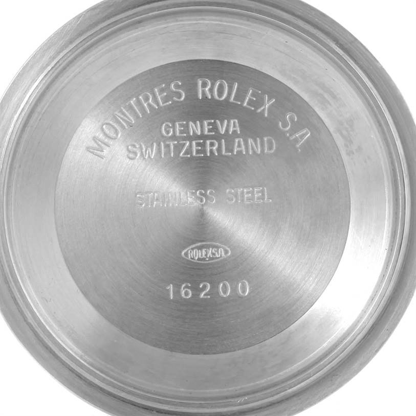 The image shows the inner case back of a Rolex Datejust 16234 Men's Stainless Steel Blue Dial 16234 Men's Stainless Steel Blue Dial watch with model number 16200 engraved.