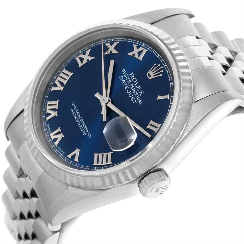 The image shows the Rolex Datejust 16234 Men's Stainless Steel Blue Dial 16234 Men's Stainless Steel Blue Dial watch face, bezel, crown, and part of the bracelet at an angled view.