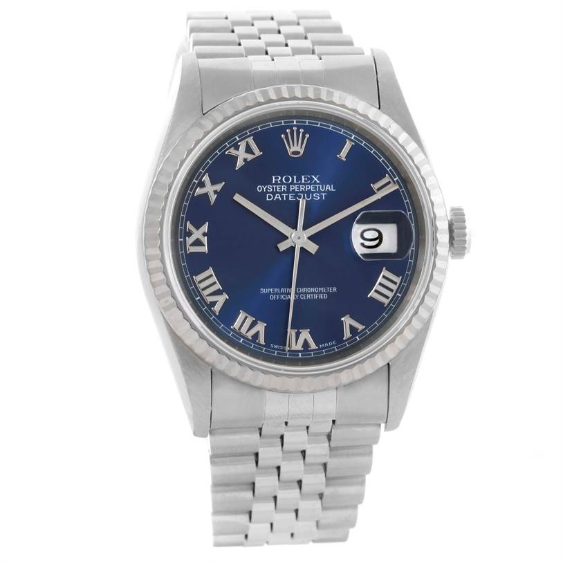 The image shows a front view of a Rolex Datejust 16234 Men's Stainless Steel Blue Dial 16234 Men's Stainless Steel Blue Dial watch, displaying the face, bezel, crown, and part of the bracelet.