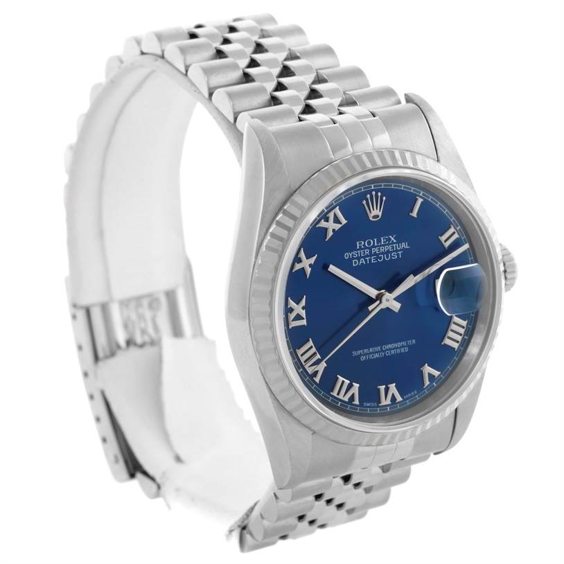 This image shows a partial side and front view of a Rolex Datejust 16234 Men's Stainless Steel Blue Dial 16234 Men's Stainless Steel Blue Dial watch, highlighting its blue dial, Roman numerals, and Jubilee bracelet.
