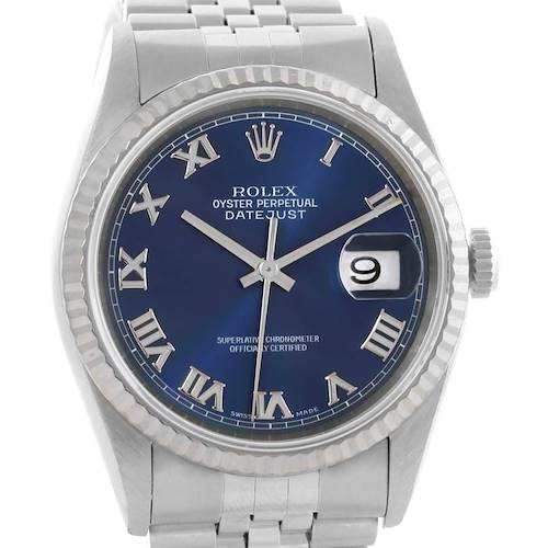 Photo of Rolex Datejust Steel 18k White Gold Blue Roman Dial Watch 16234