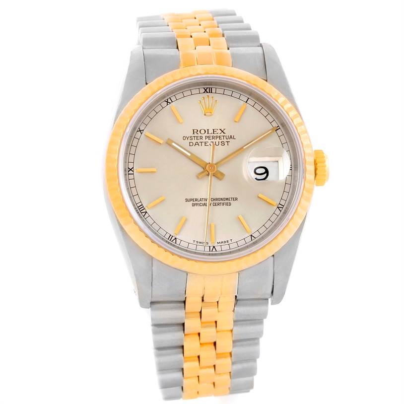 The image shows a front view of the Rolex Datejust 16233 Men's Steel and Gold (two tone) Silver Dial 16233 Men's Steel and Gold (two tone) Silver Dial watch, highlighting its face, bezel, and two-tone bracelet.