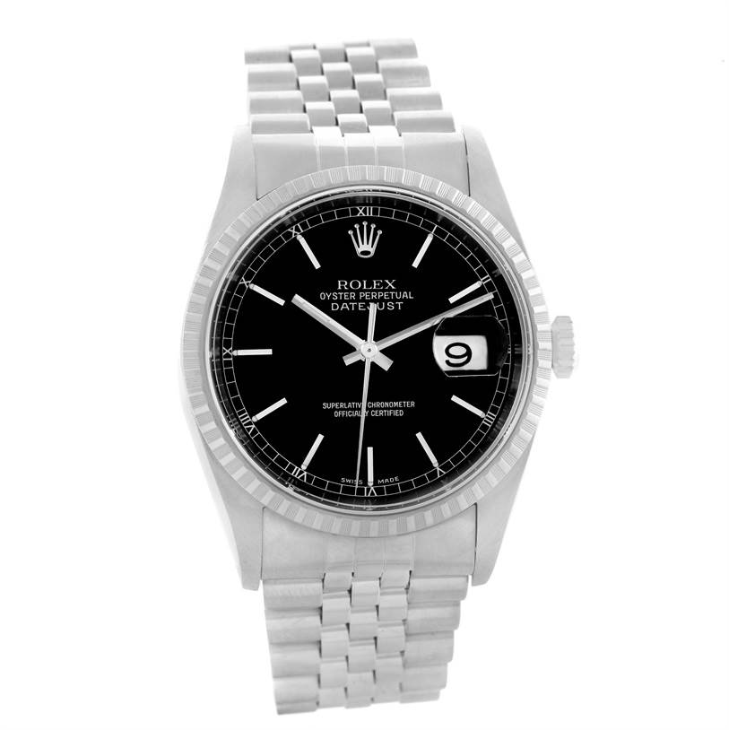 The image shows a front view of a Rolex Datejust 16220 Men
s Stainless Steel Black Dial 16220 Men
s Stainless Steel Black Dial watch, displaying its face, dial, and bracelet.