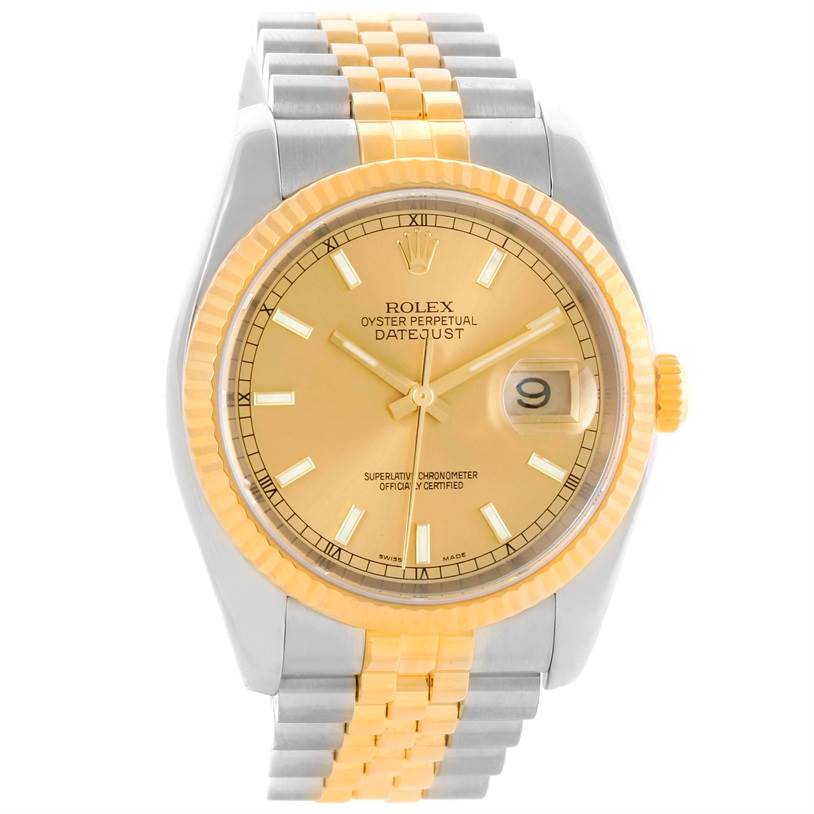 The image shows a frontal view of the Rolex Datejust 116233 Men's Stainless Steel Champagne Dial 116233 Men's Stainless Steel Champagne Dial watch, featuring the dial, hands, bezel, and bracelet.