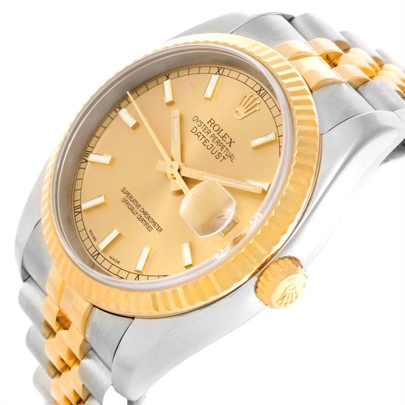 The image shows a side angle of a Rolex Datejust 116233 Men's Stainless Steel Champagne Dial 116233 Men's Stainless Steel Champagne Dial, featuring its gold and silver Jubilee bracelet and fluted bezel.
